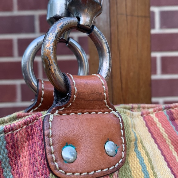 Gently Used Fossil - Colorful Striped Cloth Handbag with Braided Leather Handles - Picture 5 of 16